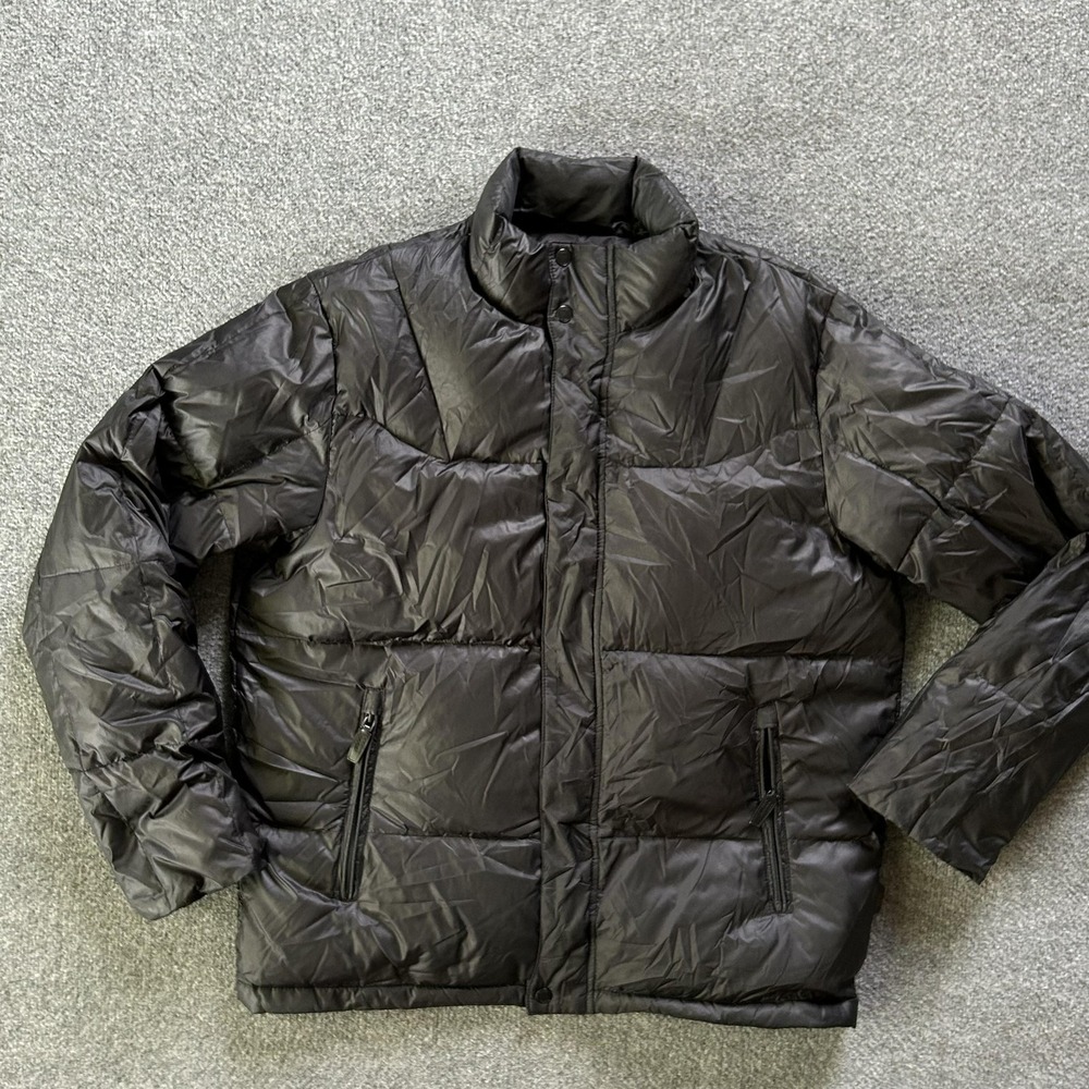 TUMI Jacket Mens Large Black Down Puffer Quilted Zip Stand Collar Rib Cuffs